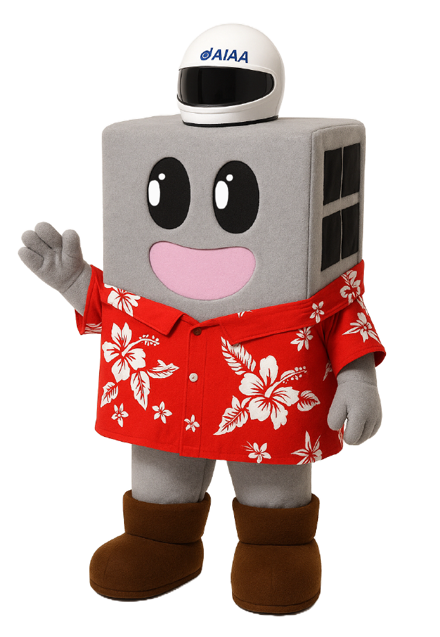 Full-body portrait of Sato-kun, the AIAA at UH Mānoa mascot, waving in a red aloha shirt